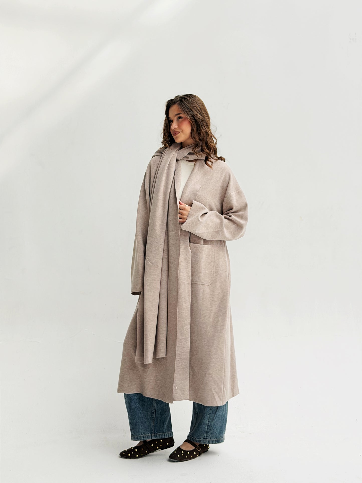 Oversize Wool Cardigan with Scarf In Cafe