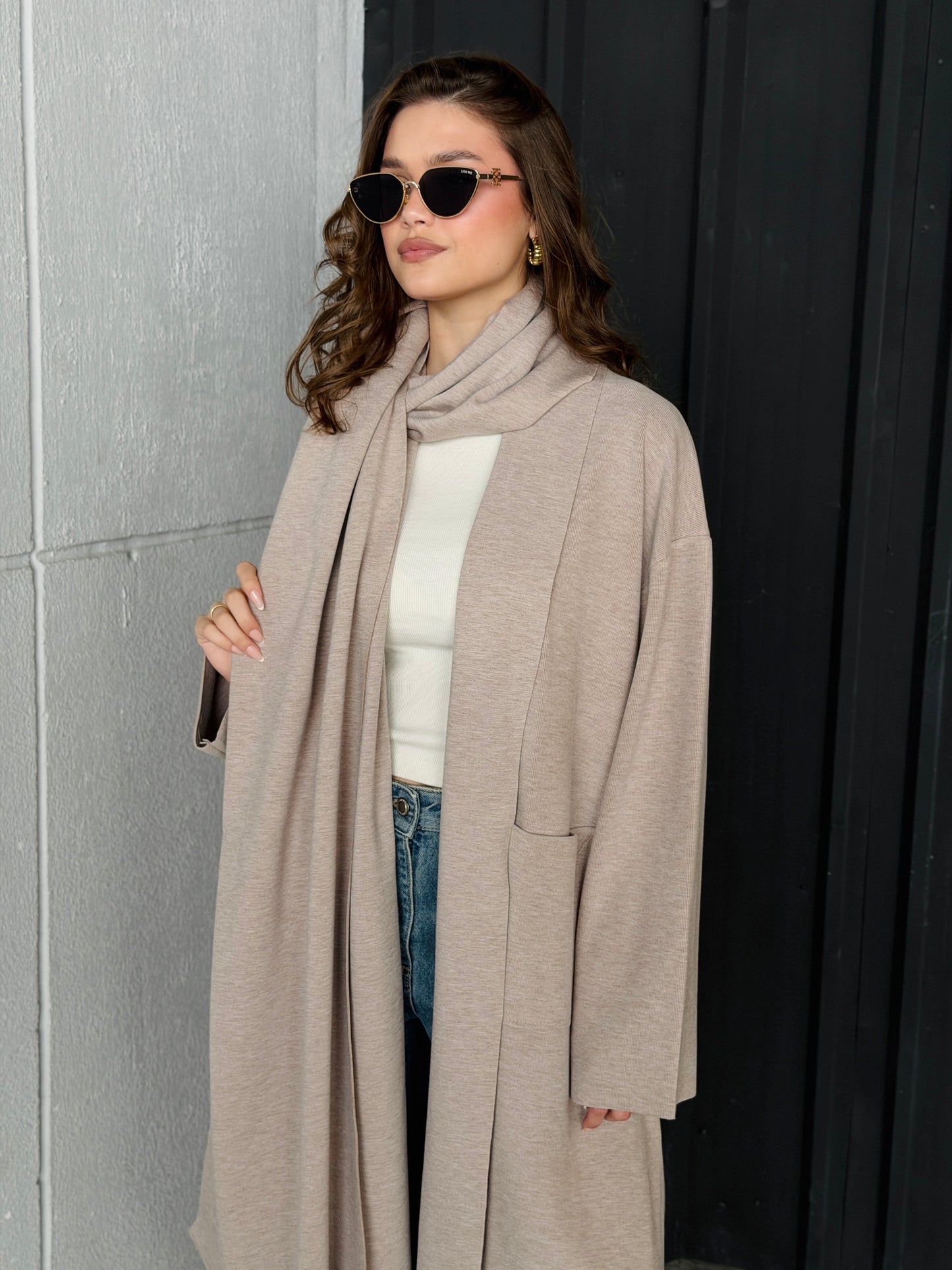Oversize Wool Cardigan with Scarf In Cafe