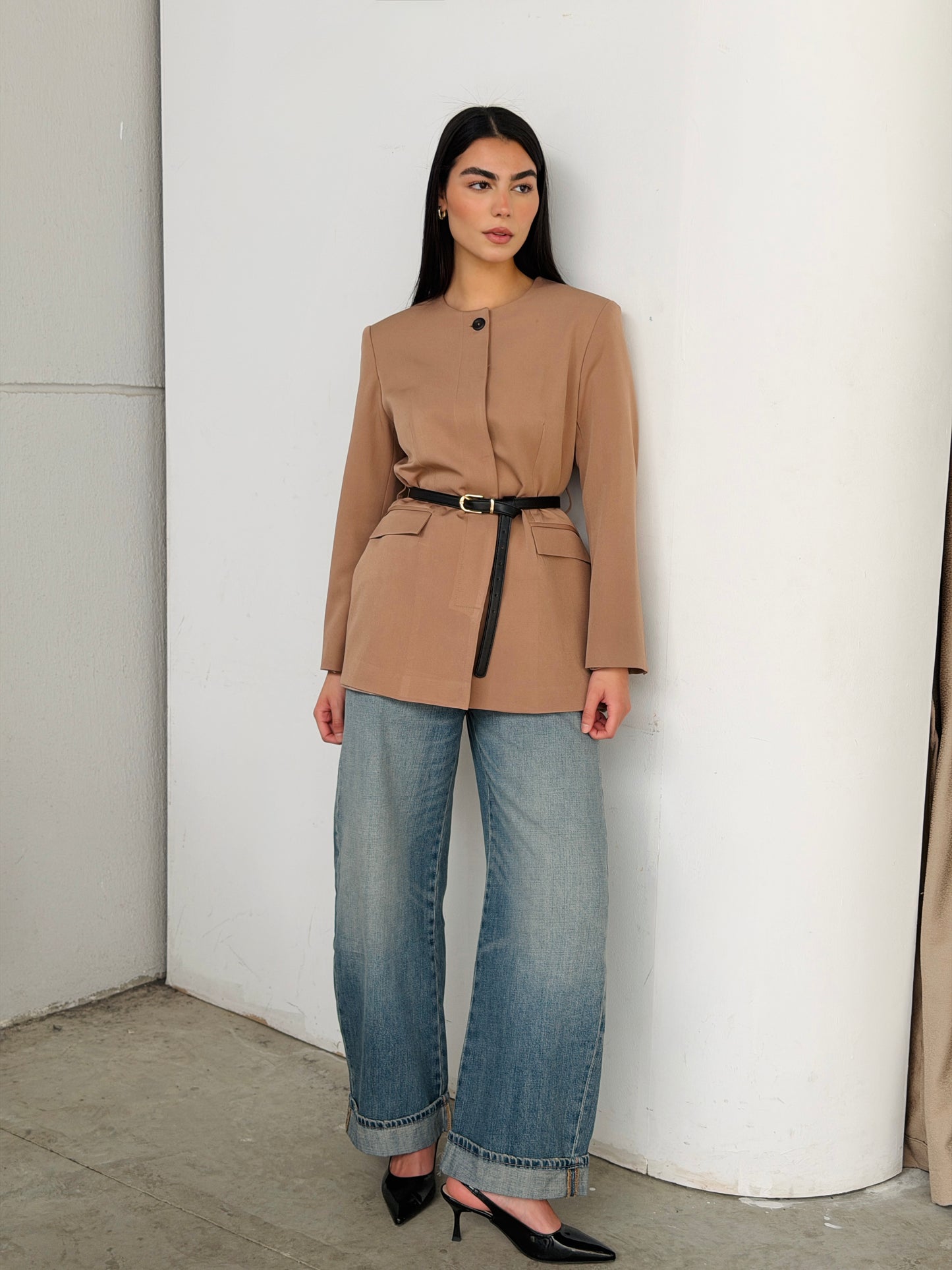 Belted Tailored Blazer in cafe