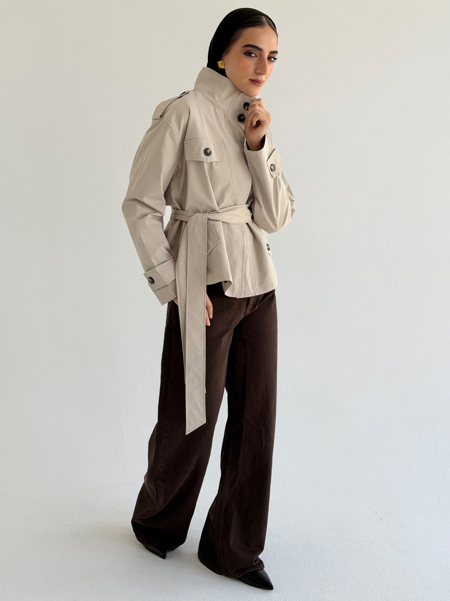 Stand Collar Jacket In Beige