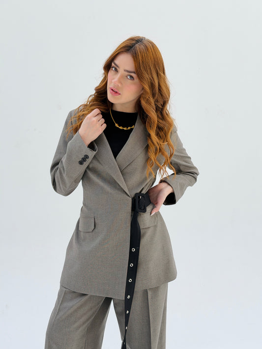 Belted suit in Greige