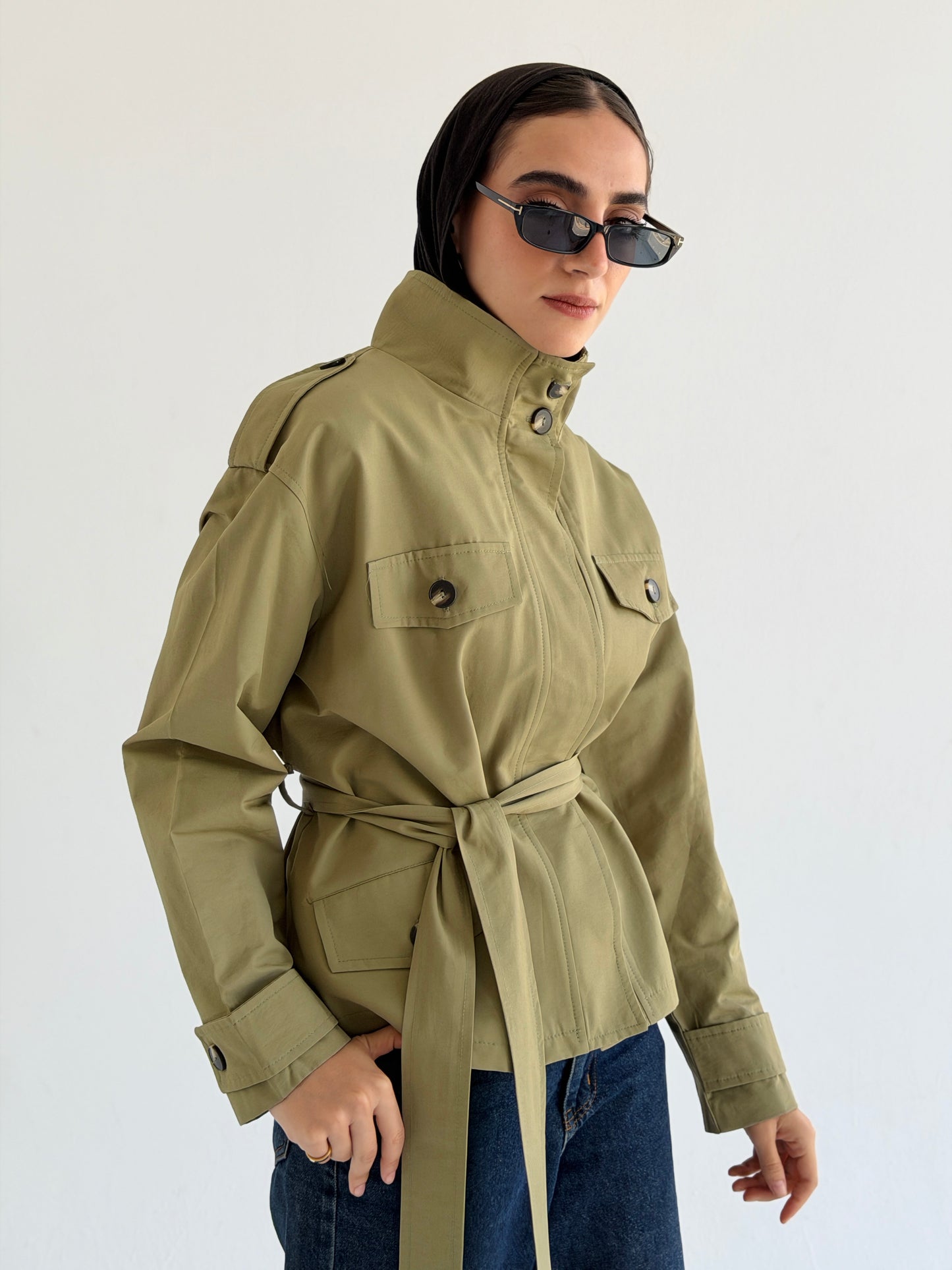 Stand Collar Jacket In Olive