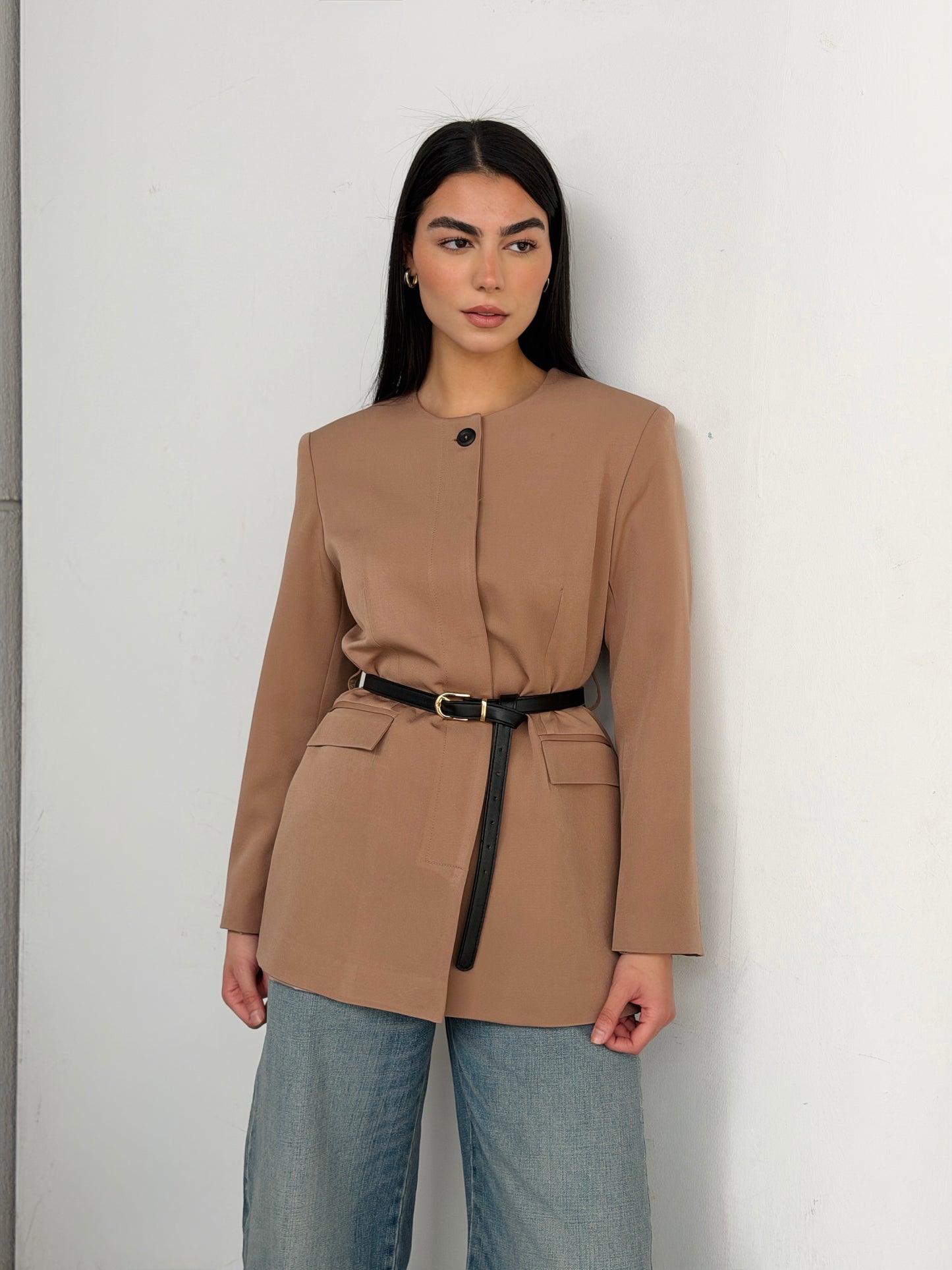 Belted Tailored Blazer in cafe