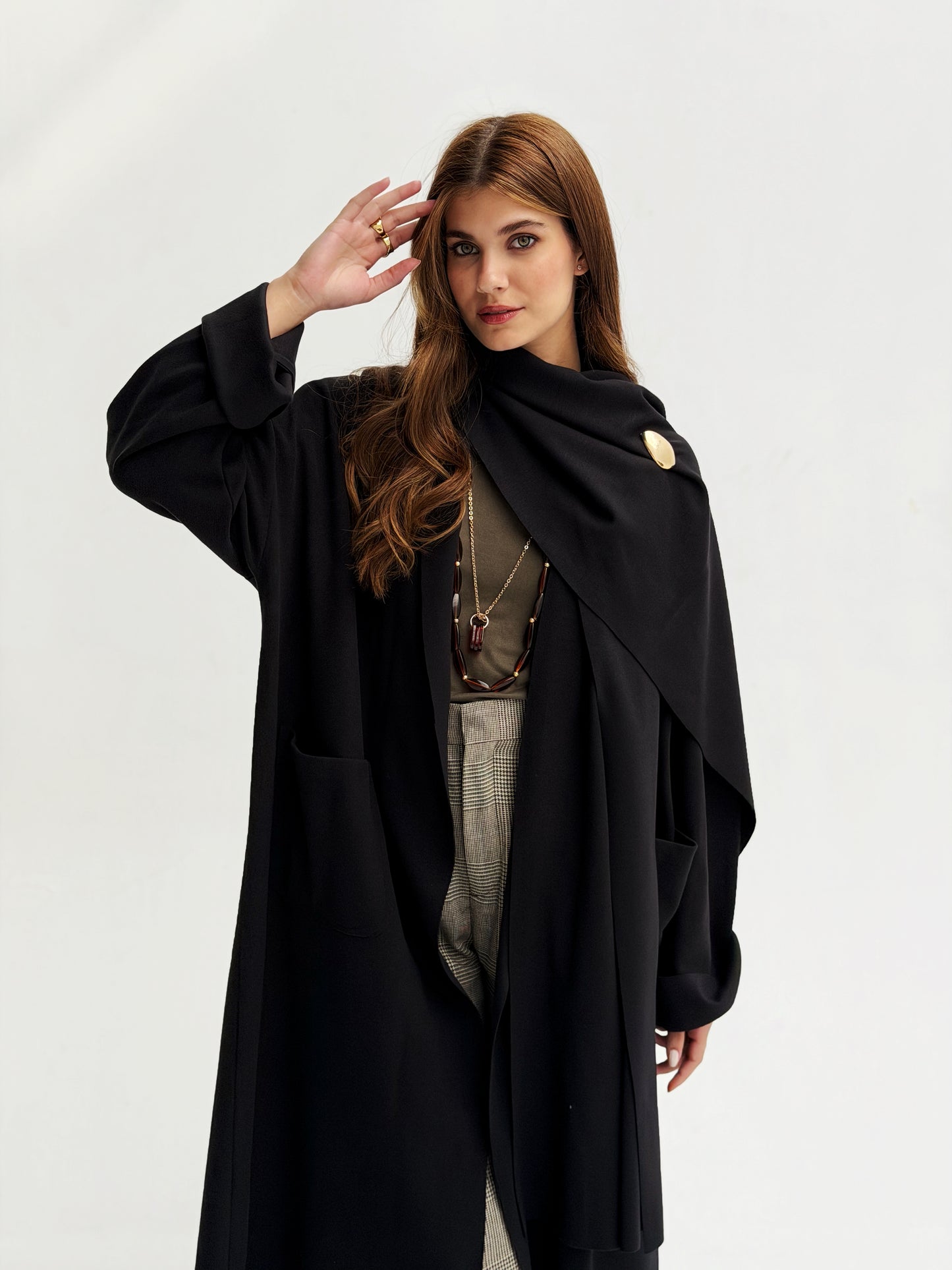Oversize Wool Cardigan with Scarf In Black