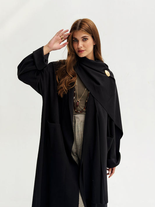 Oversize Wool Cardigan with Scarf In Black