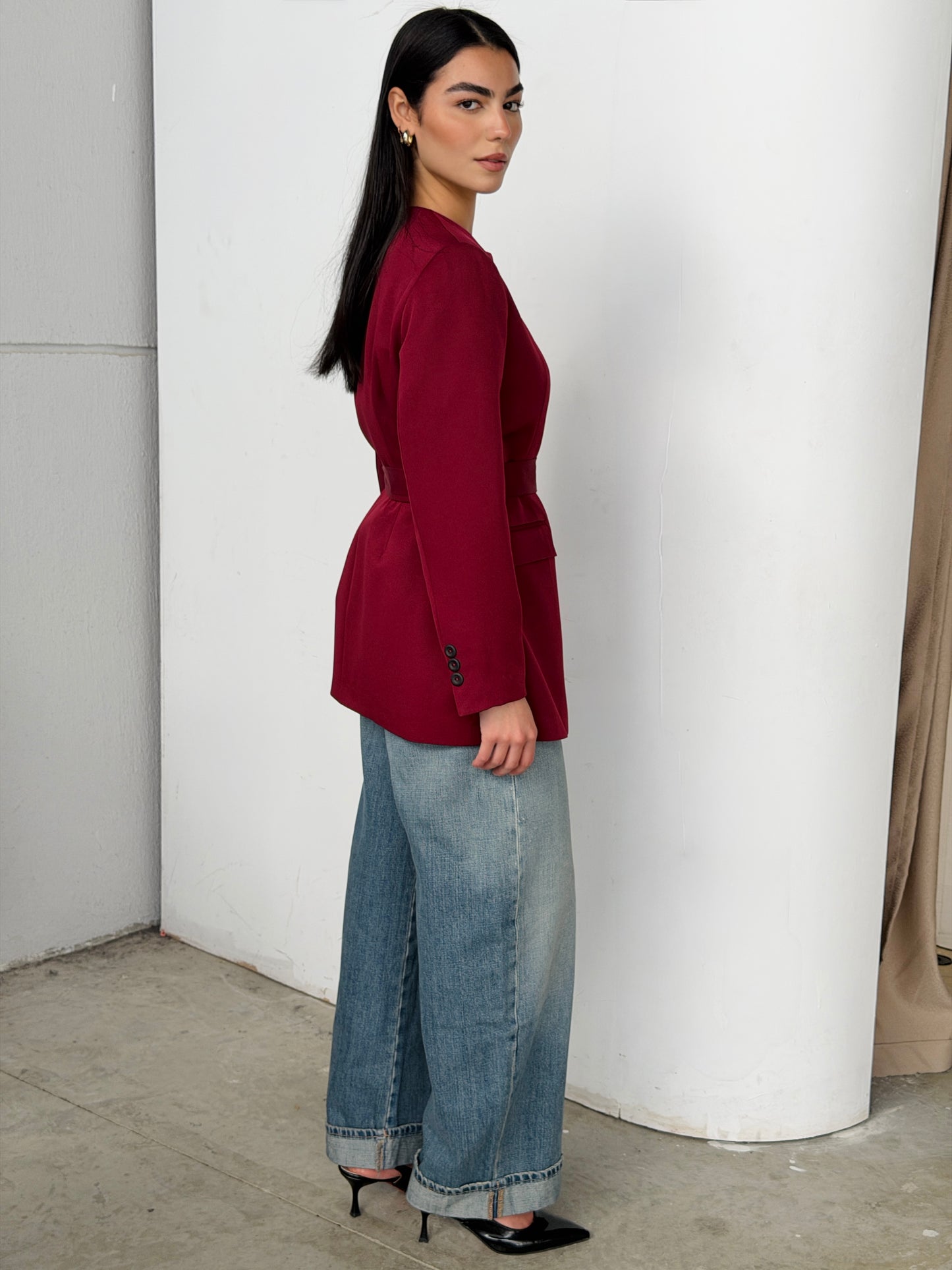 Belted Tailored Blazer in dark red