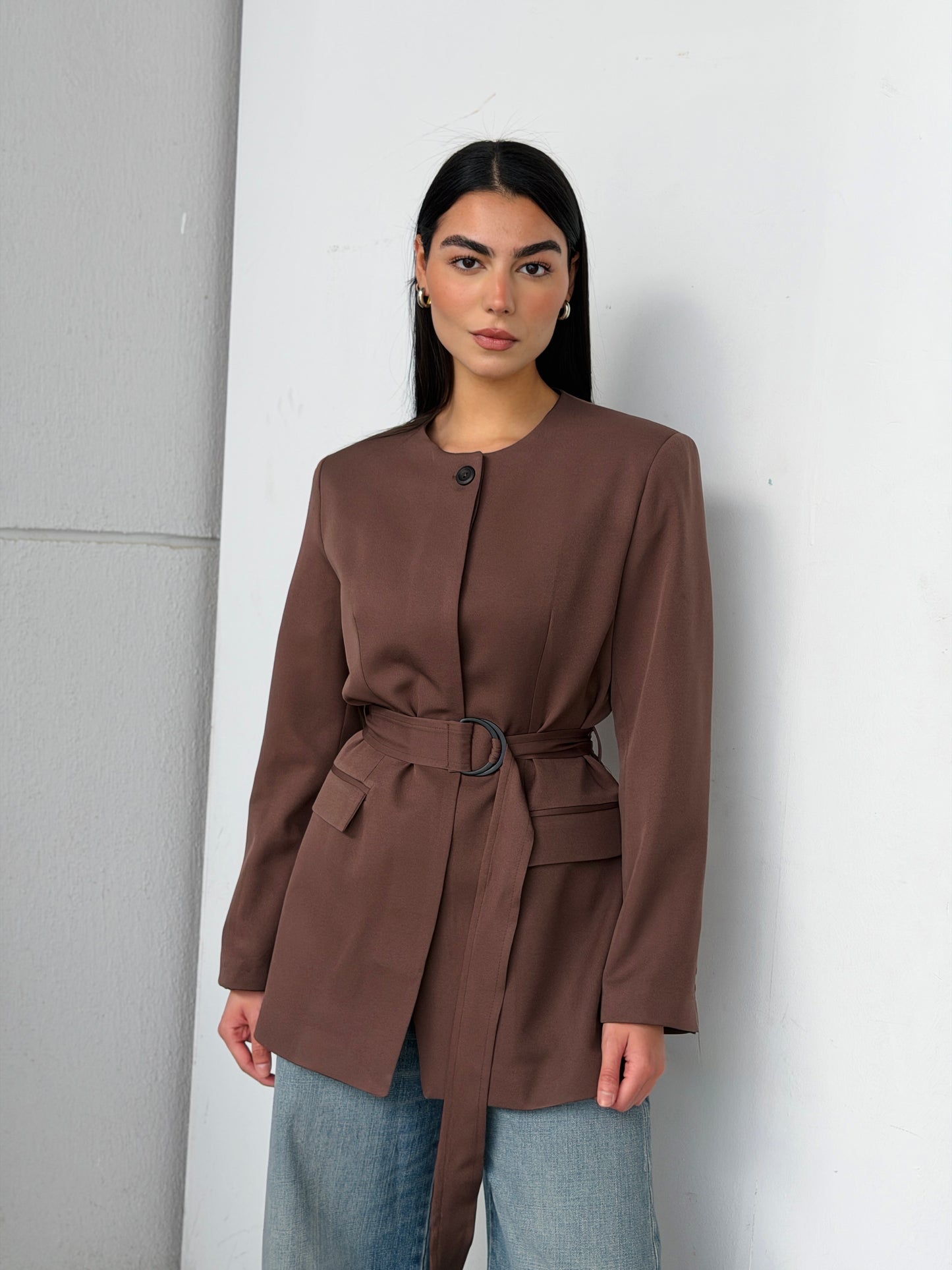 Belted Tailored Blazer in Brown
