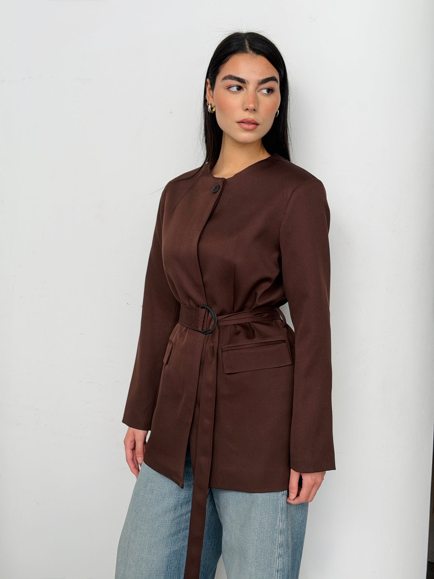 Belted Tailored Blazer in chocolate