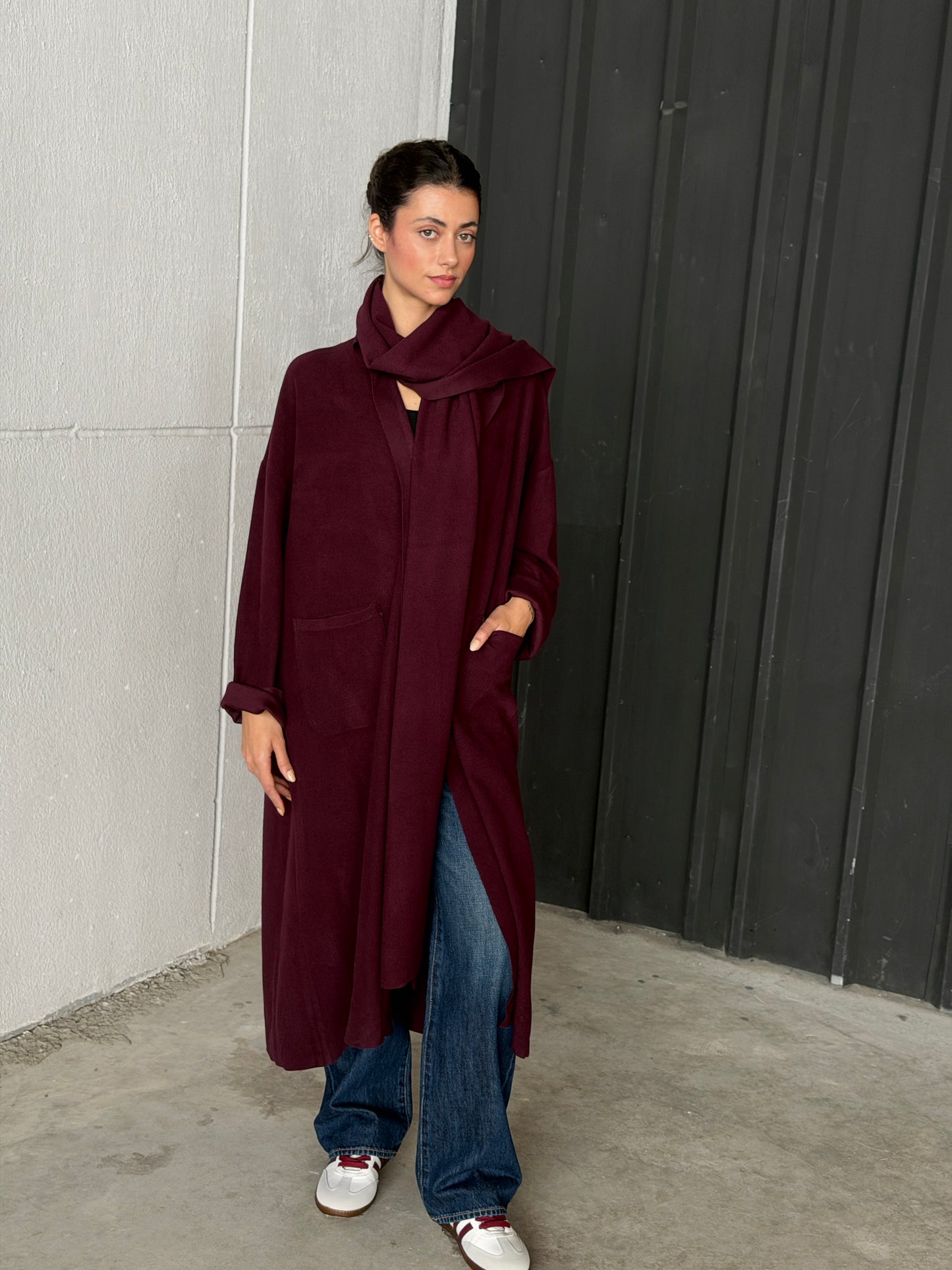 Oversize Wool Cardigan with Scarf In Burgundy