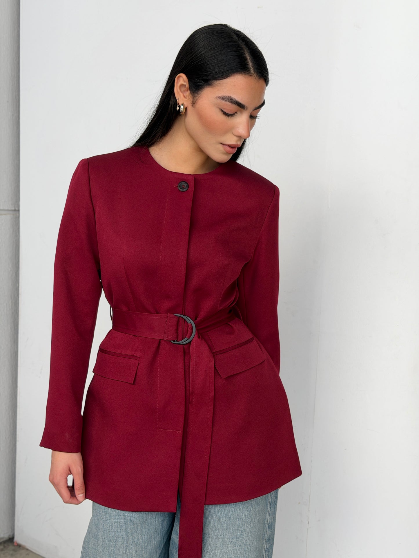 Belted Tailored Blazer in dark red