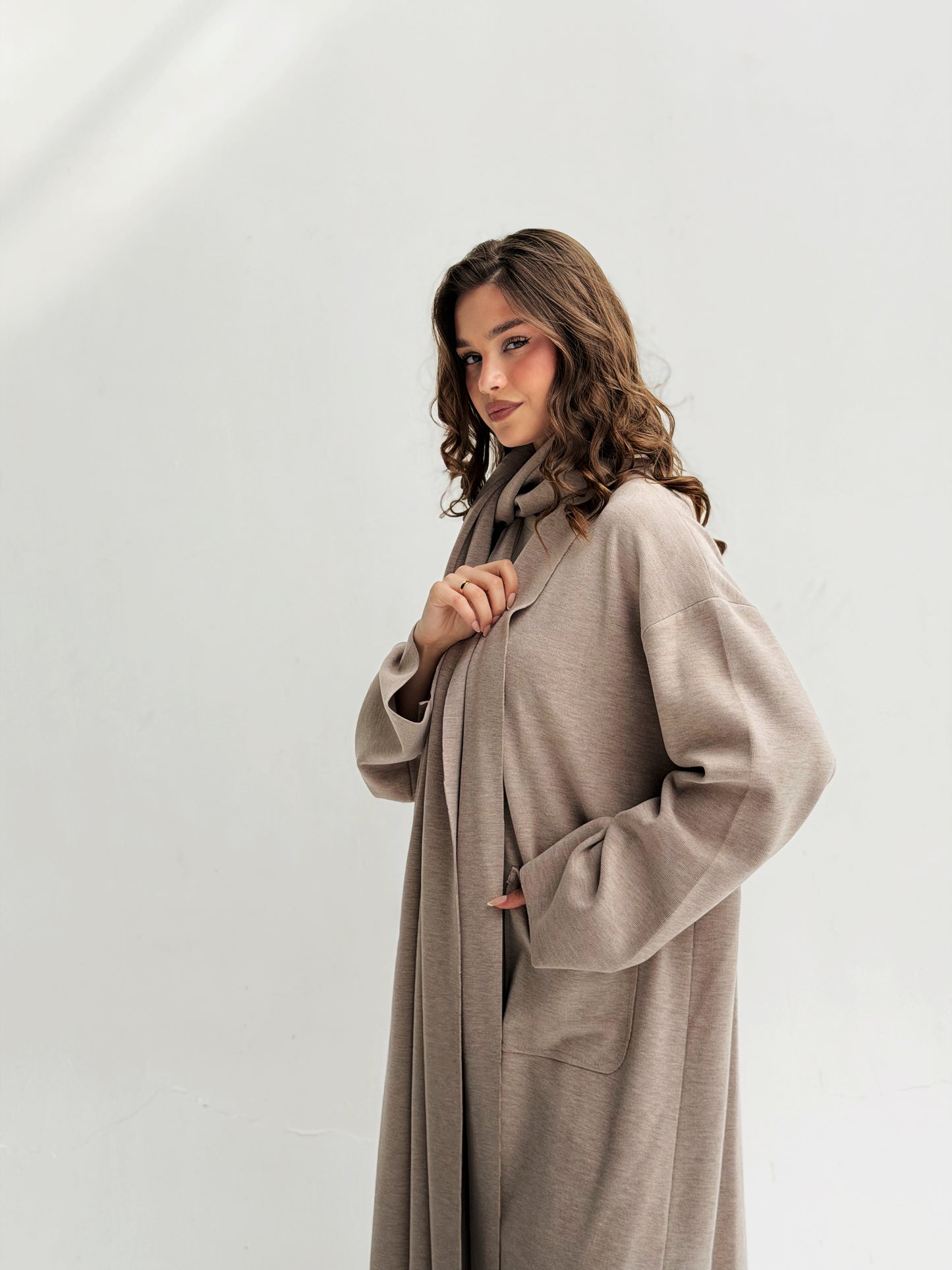 Oversize Wool Cardigan with Scarf In Cafe