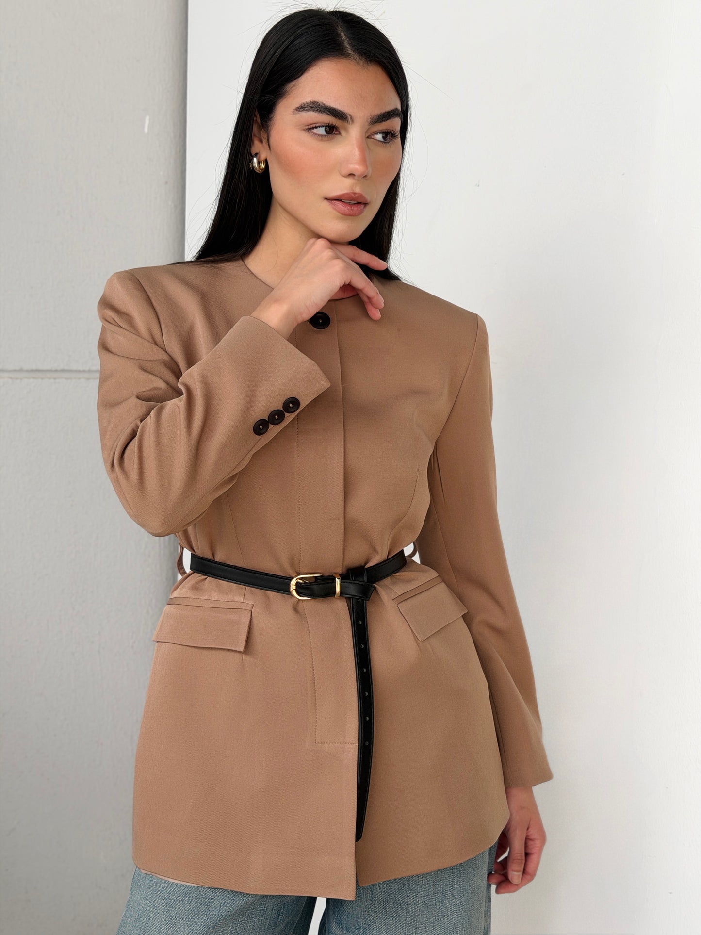 Belted Tailored Blazer in cafe