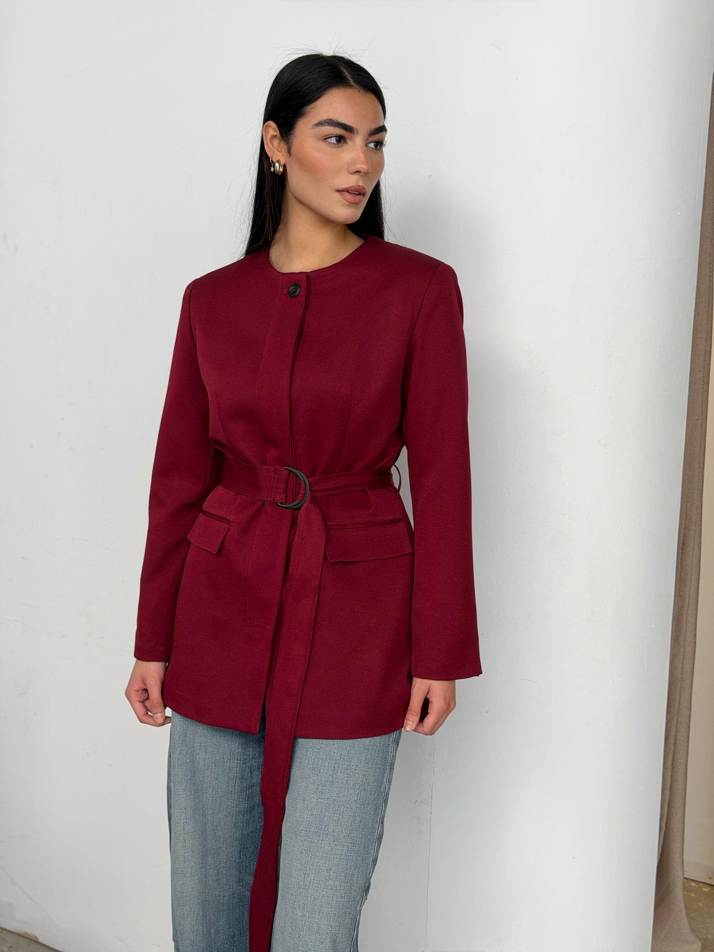 Belted Tailored Blazer in dark red