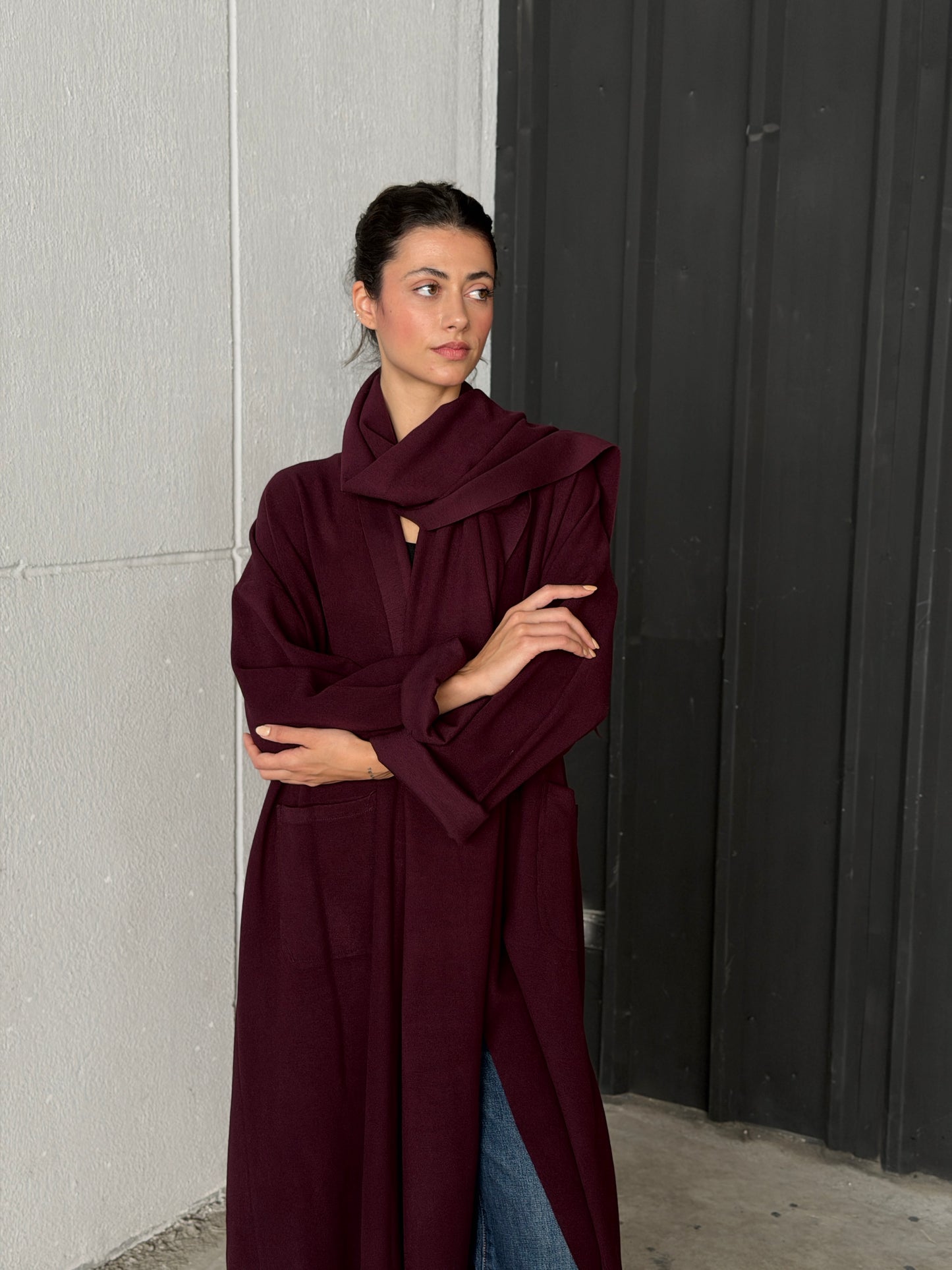Oversize Wool Cardigan with Scarf In Burgundy