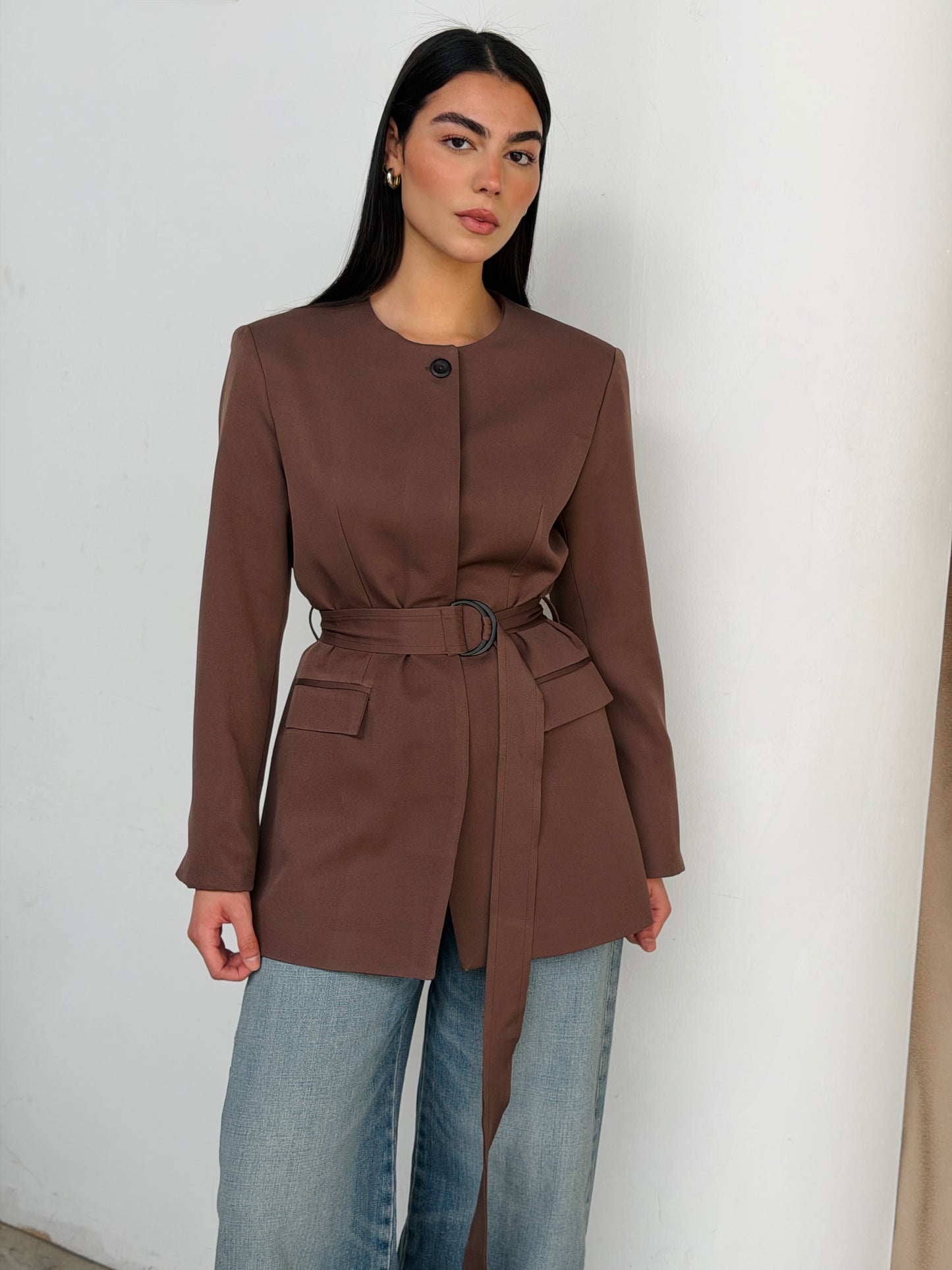 Belted Tailored Blazer in Brown