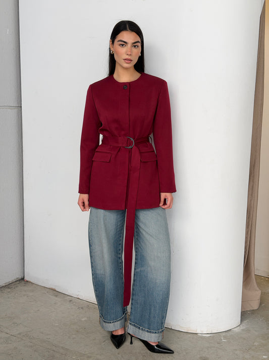 Belted Tailored Blazer in dark red