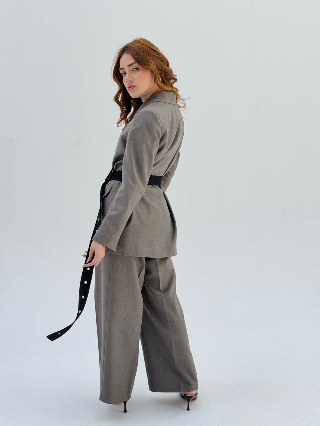 Belted suit in Greige