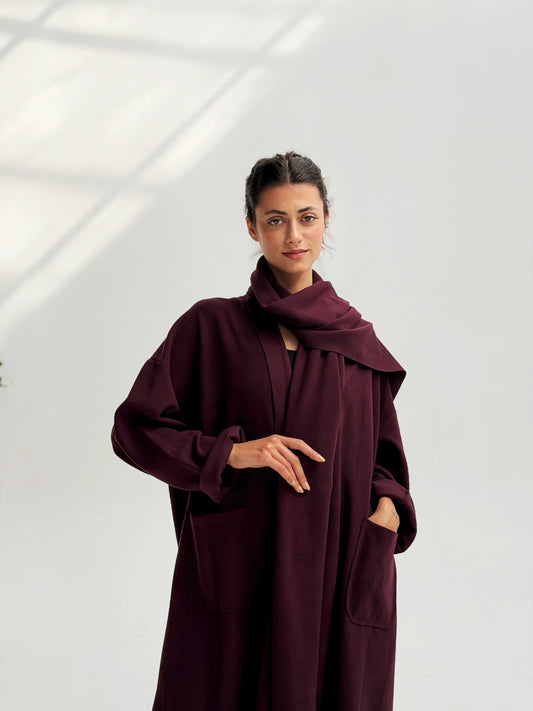 Oversize Wool Cardigan with Scarf In Burgundy