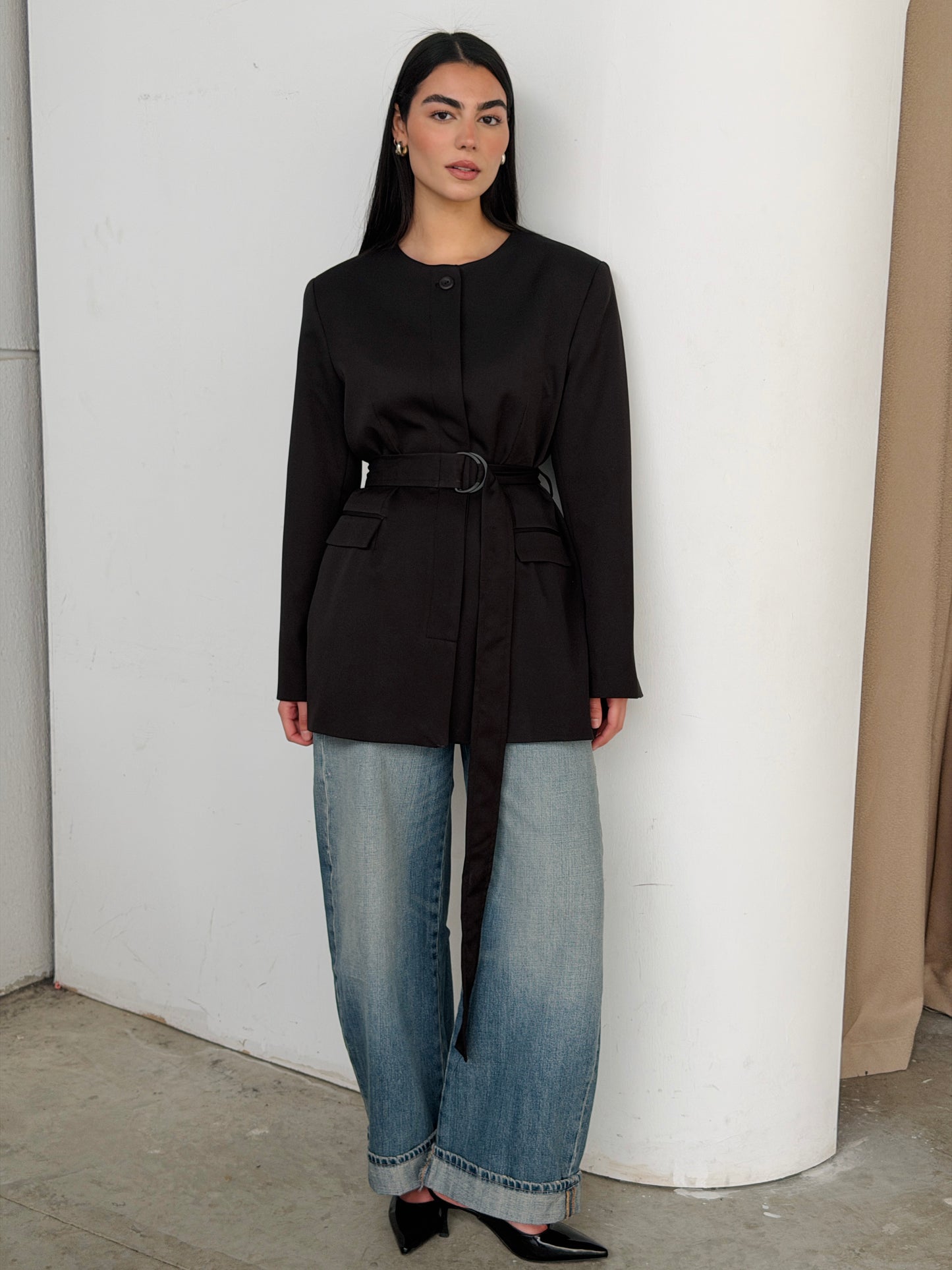 Belted Tailored Blazer in black