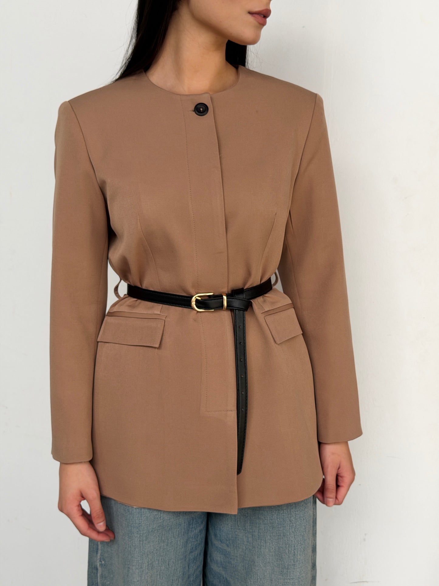 Belted Tailored Blazer in cafe