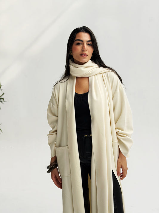 Oversize Wool Cardigan with Scarf In off white