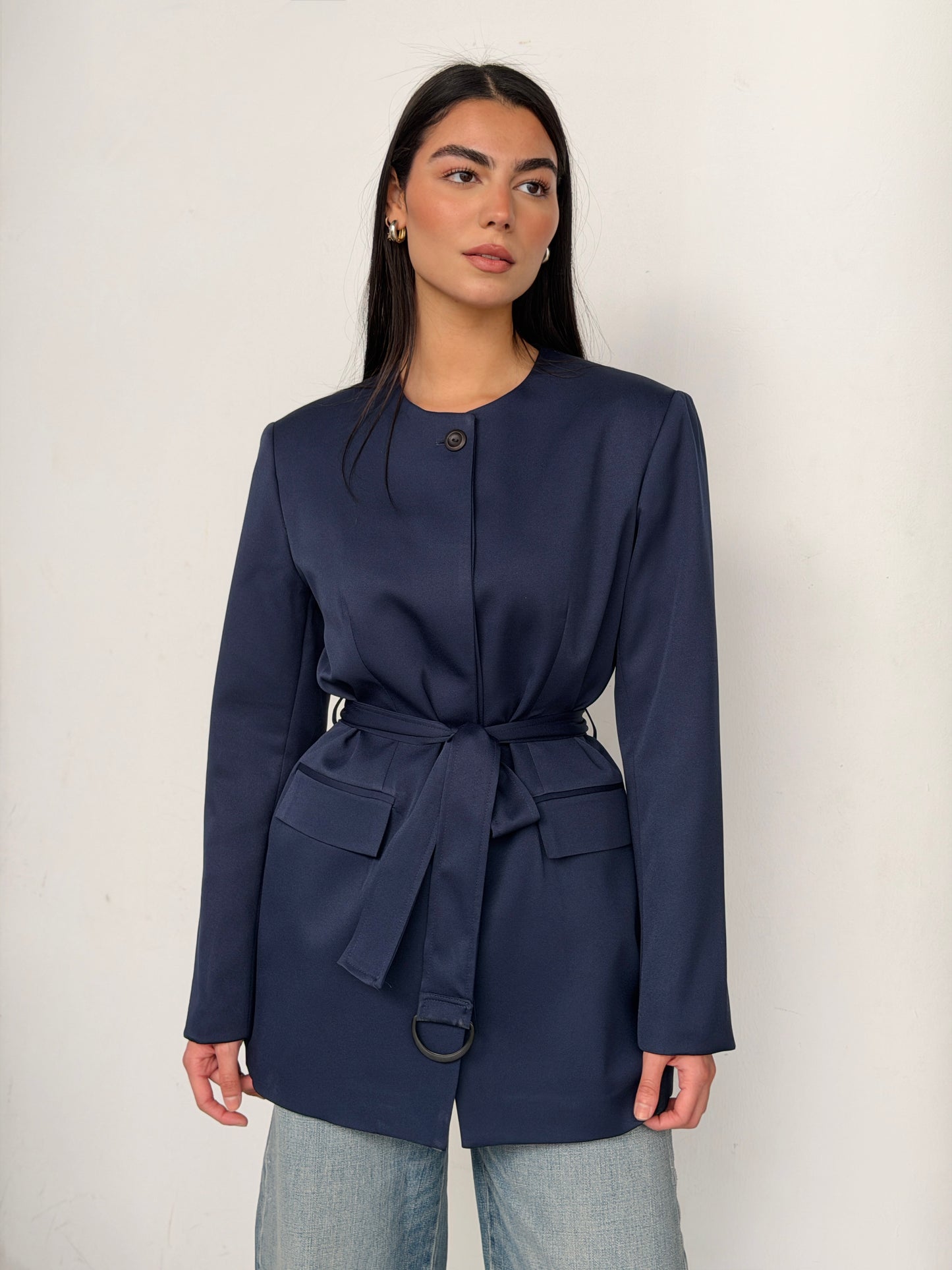 Belted Tailored Blazer in navy