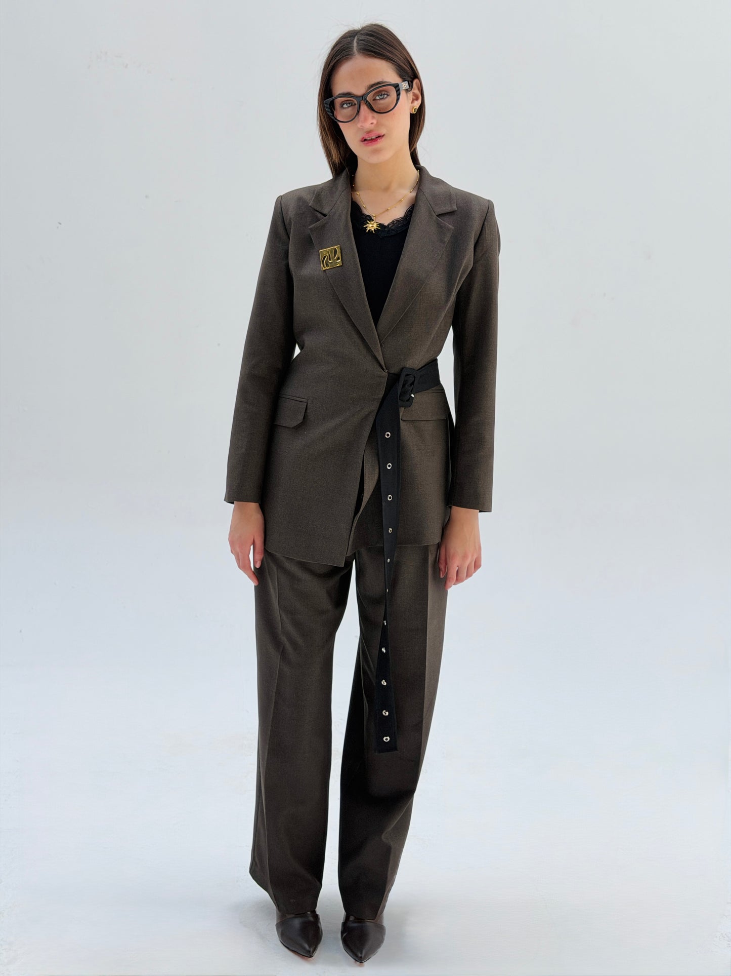 Belted suit in brown