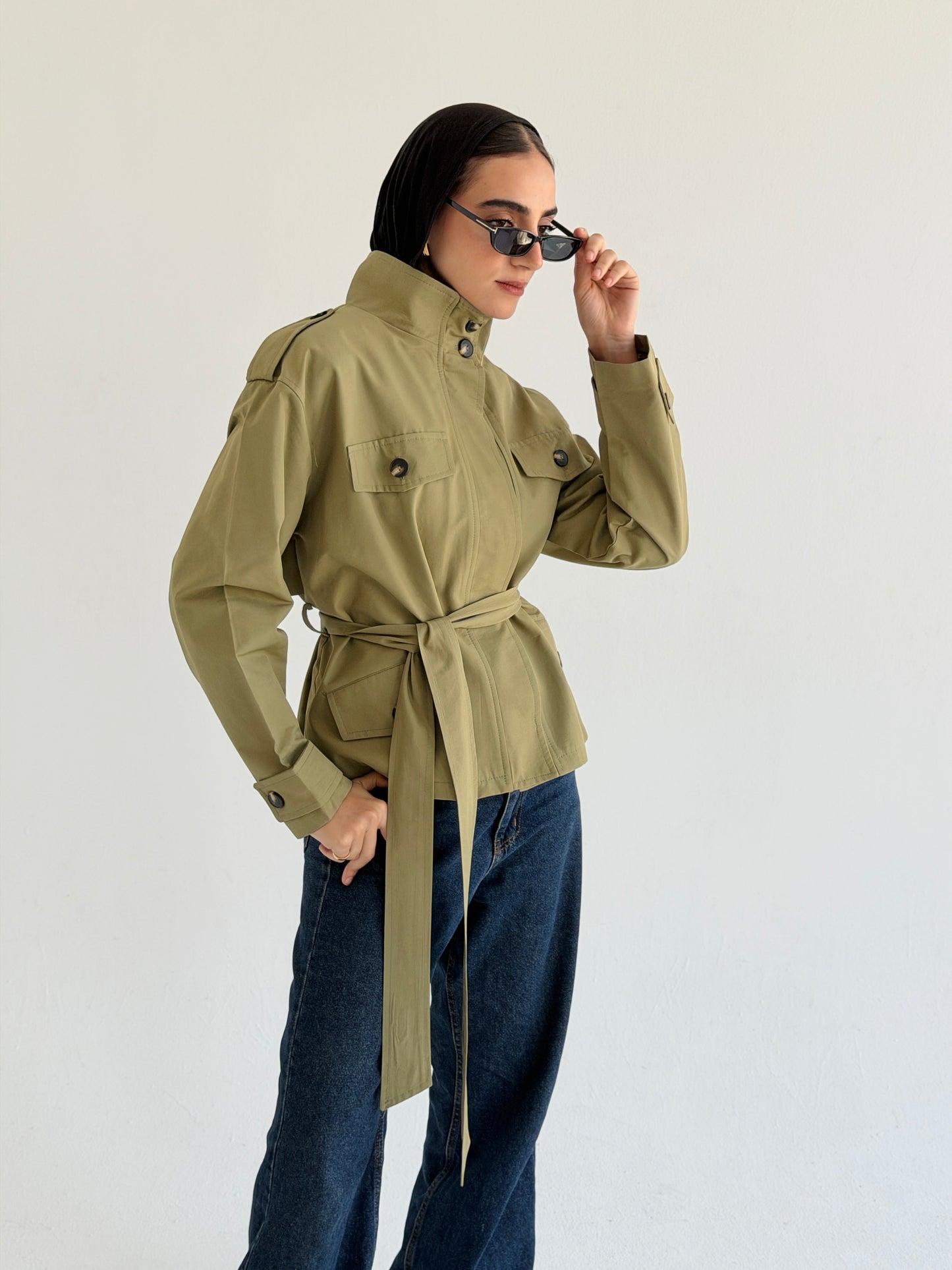 Stand Collar Jacket In Olive
