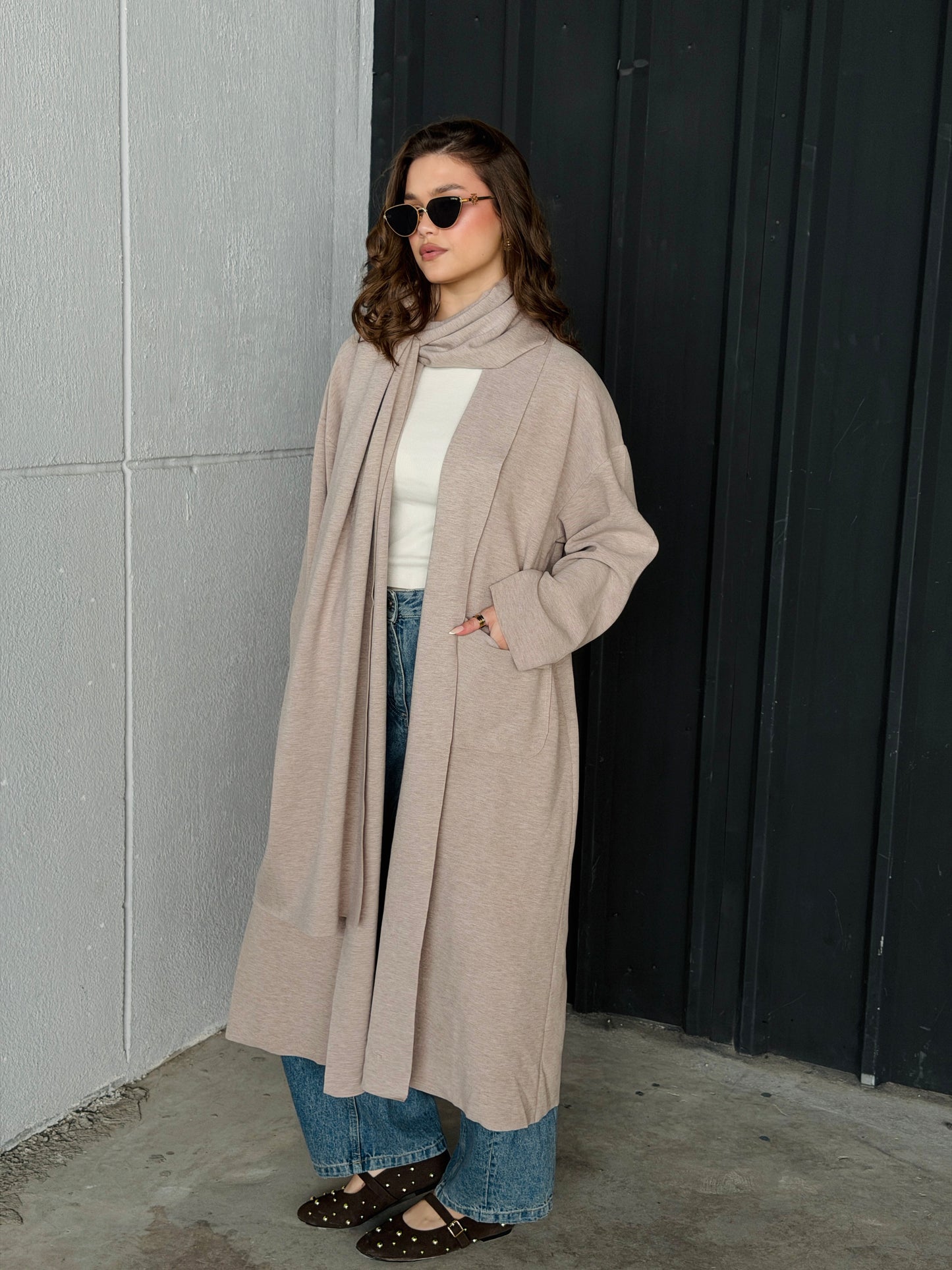 Oversize Wool Cardigan with Scarf In Cafe