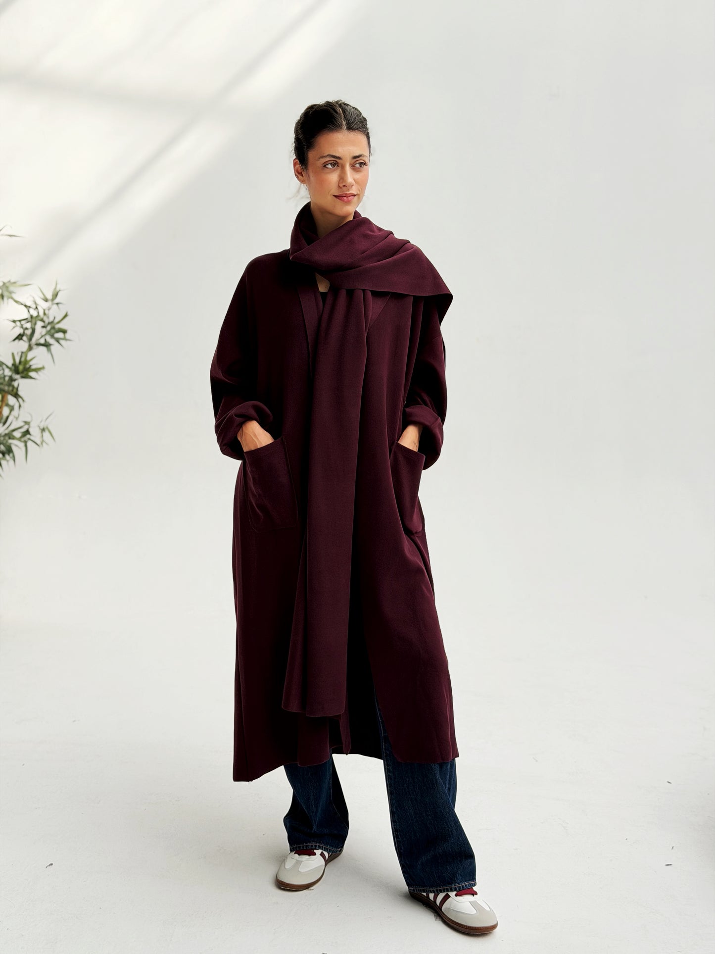 Oversize Wool Cardigan with Scarf In Burgundy