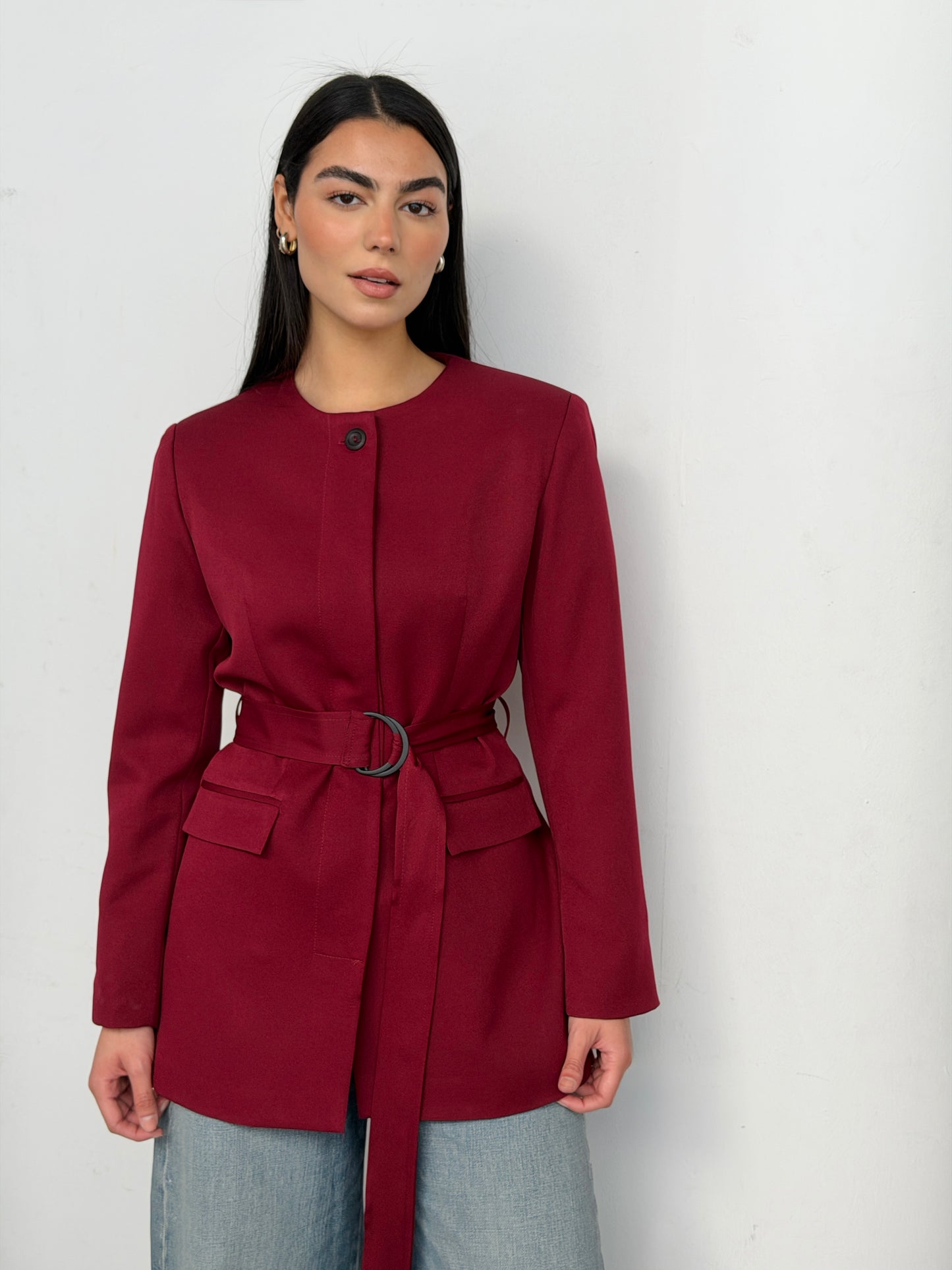 Belted Tailored Blazer in dark red