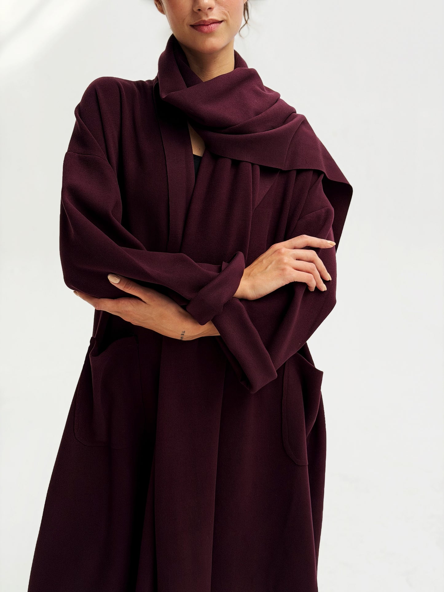 Oversize Wool Cardigan with Scarf In Burgundy
