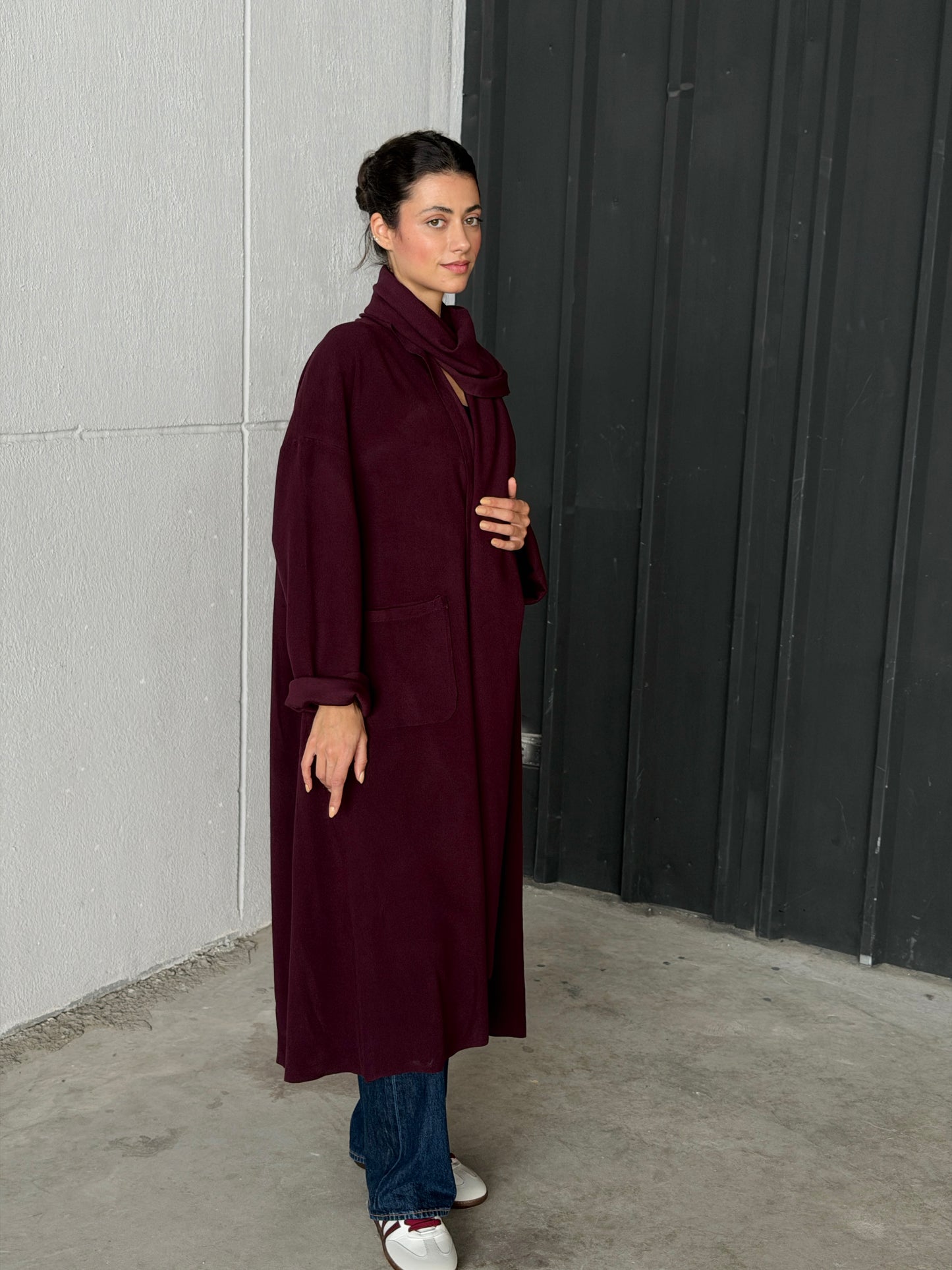Oversize Wool Cardigan with Scarf In Burgundy