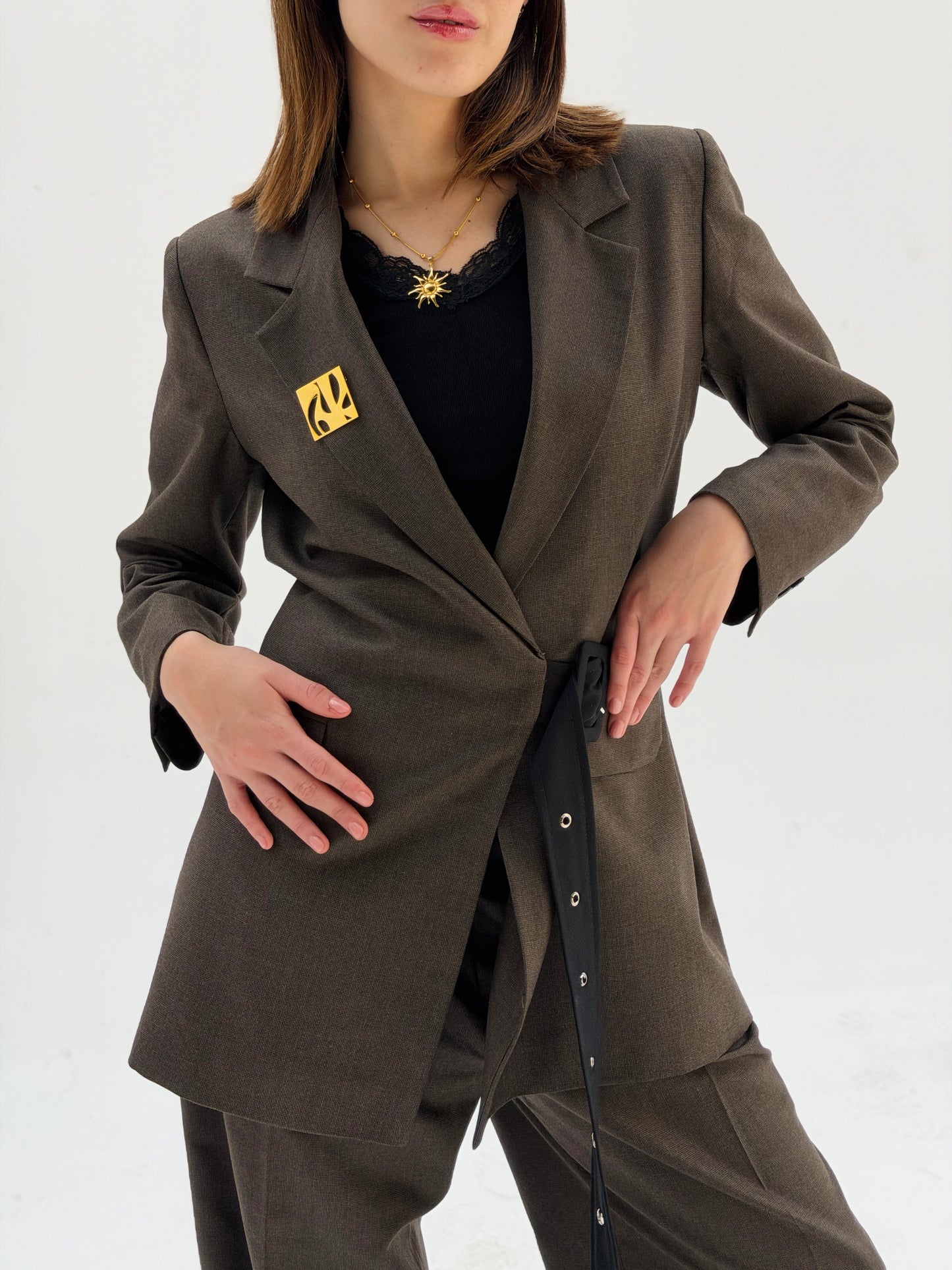 Belted suit in brown