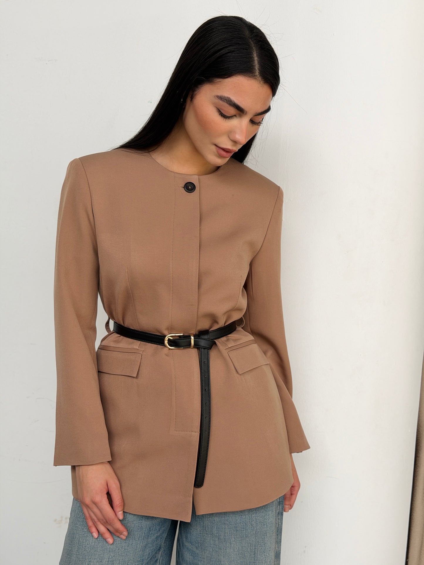 Belted Tailored Blazer in cafe