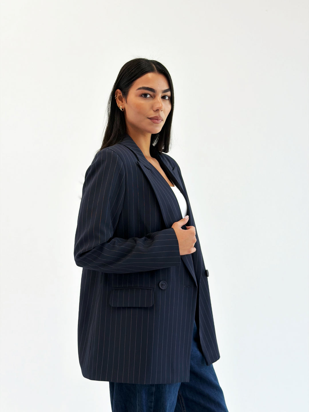 Striped Relaxed Fit blazer In Navy Blue