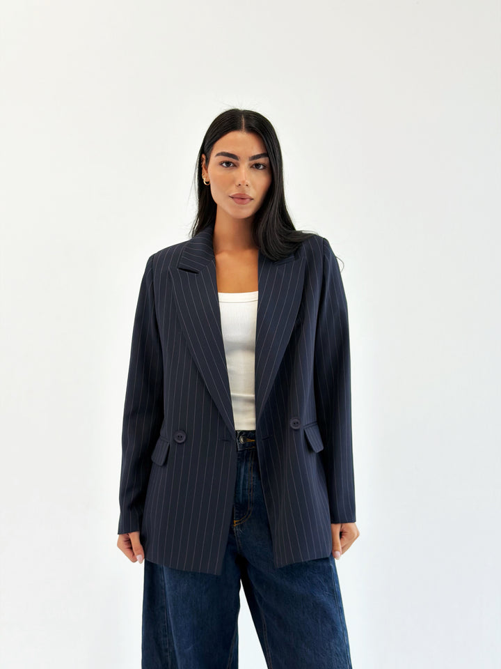 Striped Relaxed Fit blazer In Navy Blue