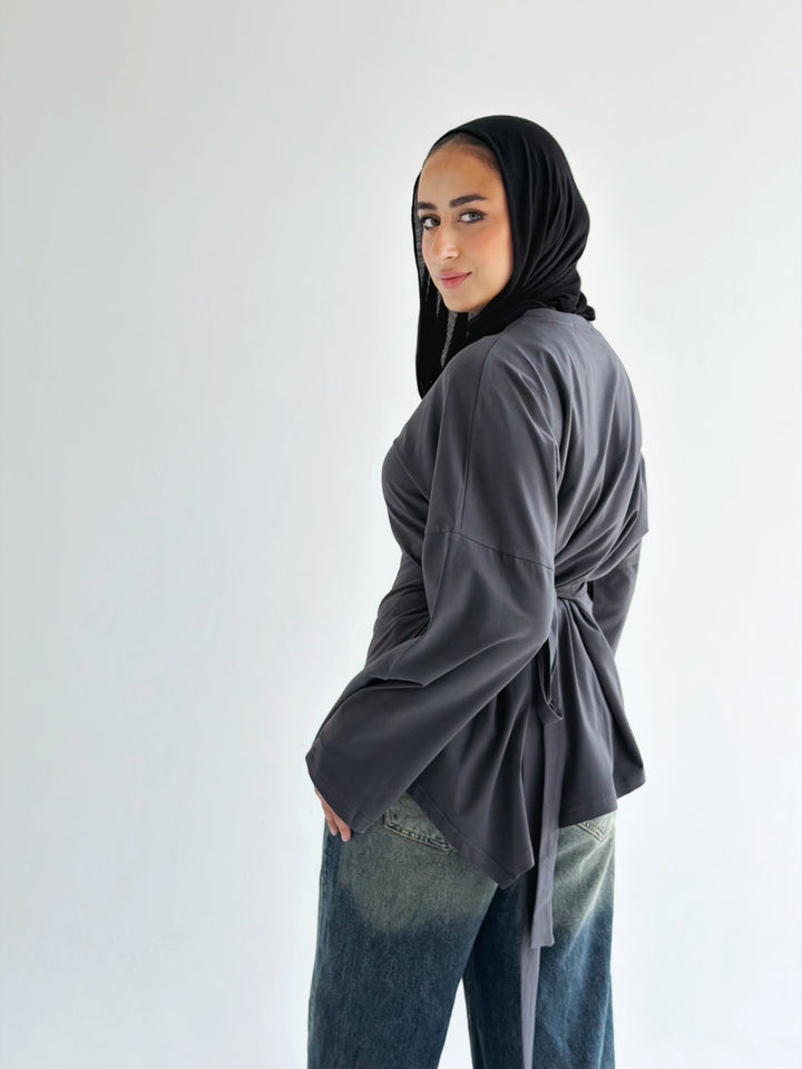 Waist Tie Top In dark gray