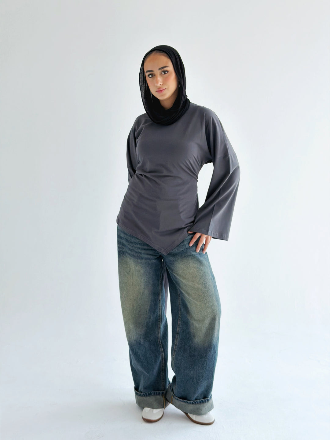 Waist Tie Top In dark gray