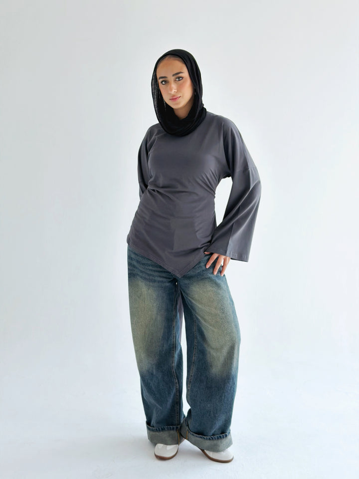 Waist Tie Top In dark gray