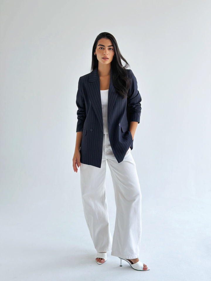 Striped Relaxed Fit blazer In Navy Blue