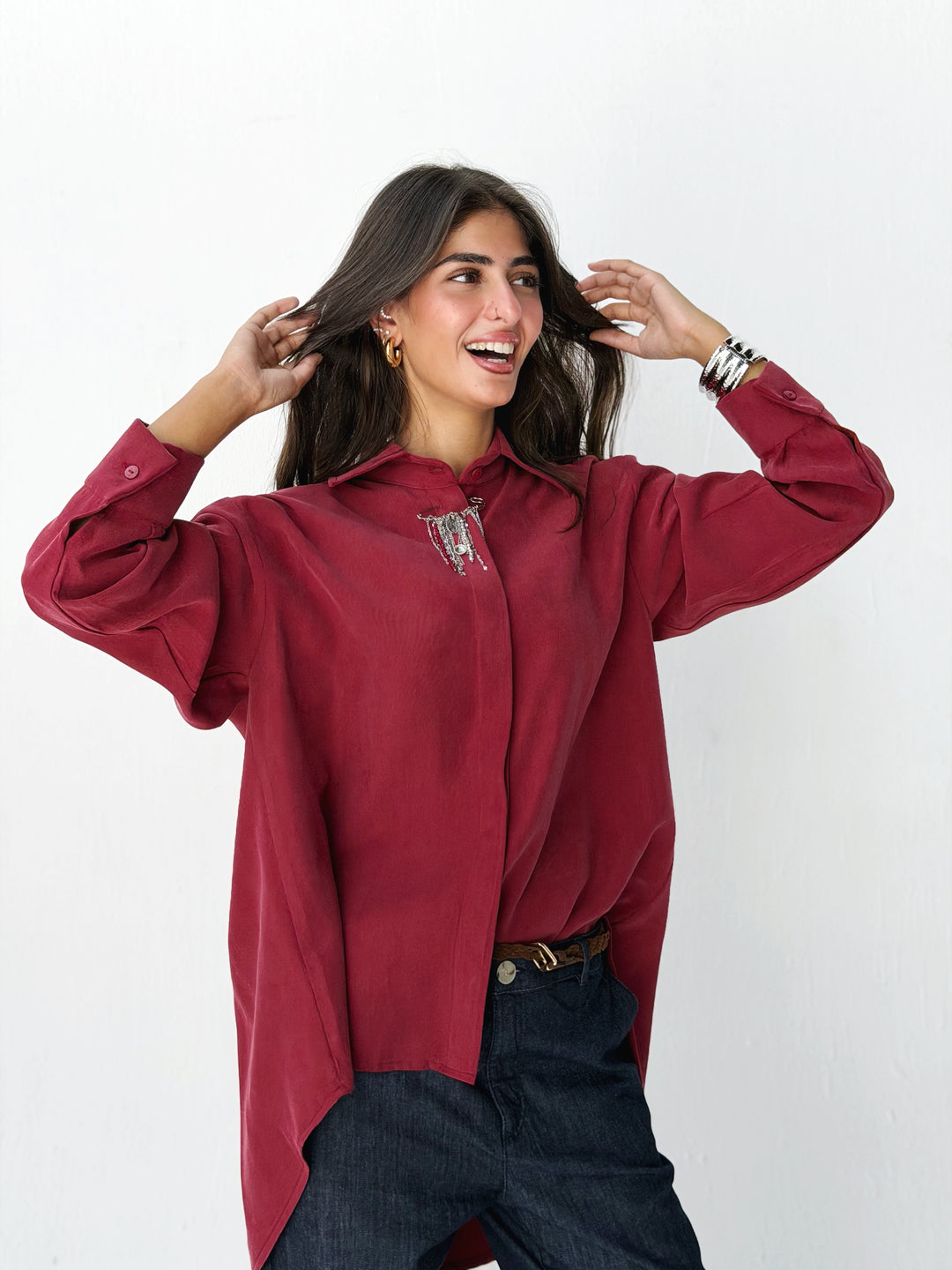 High and low shirt in burgundy