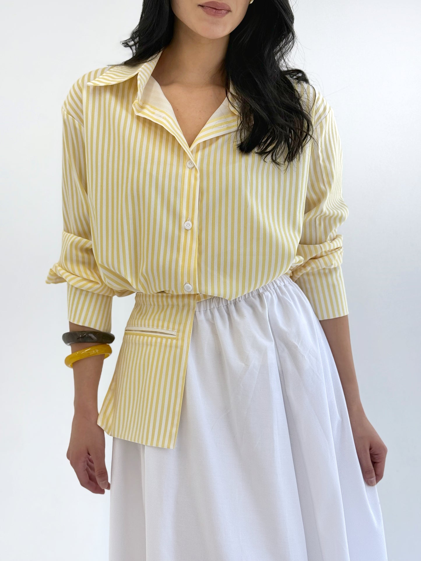 Striped yellow shirt with pocket belt
