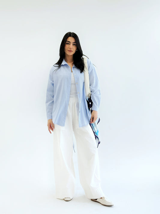 Linen Bow Back Shirt In baby blue