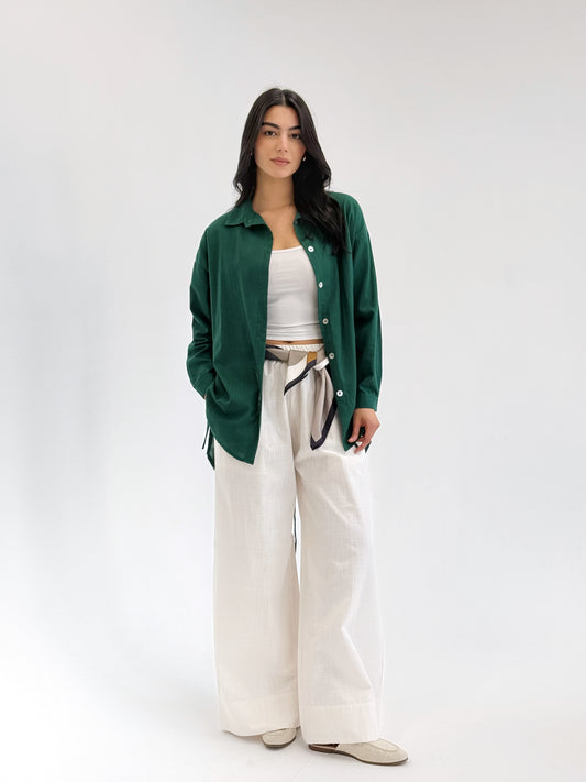 Linen Bow Back Shirt In Dark Green