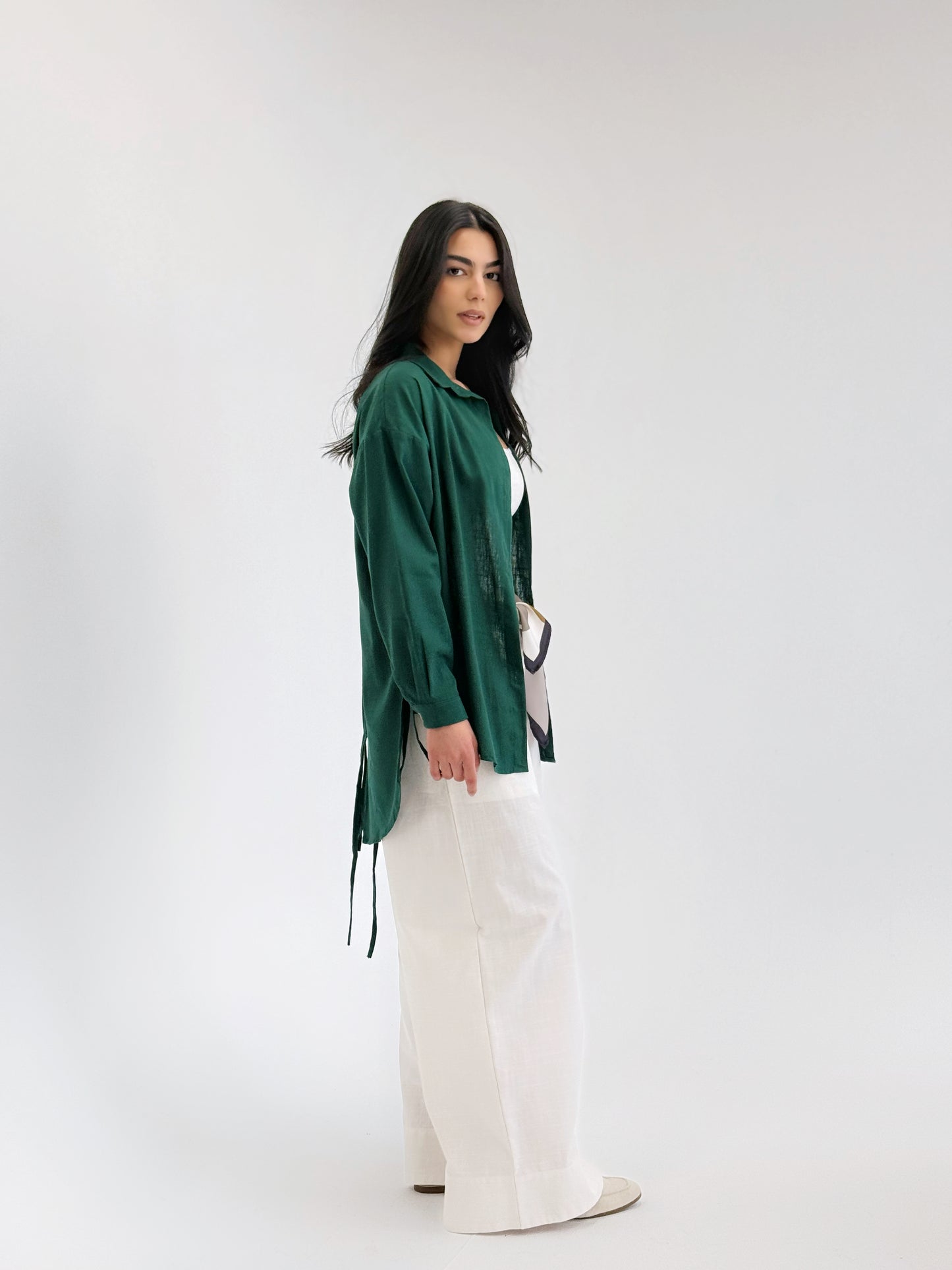 Linen Bow Back Shirt In Dark Green