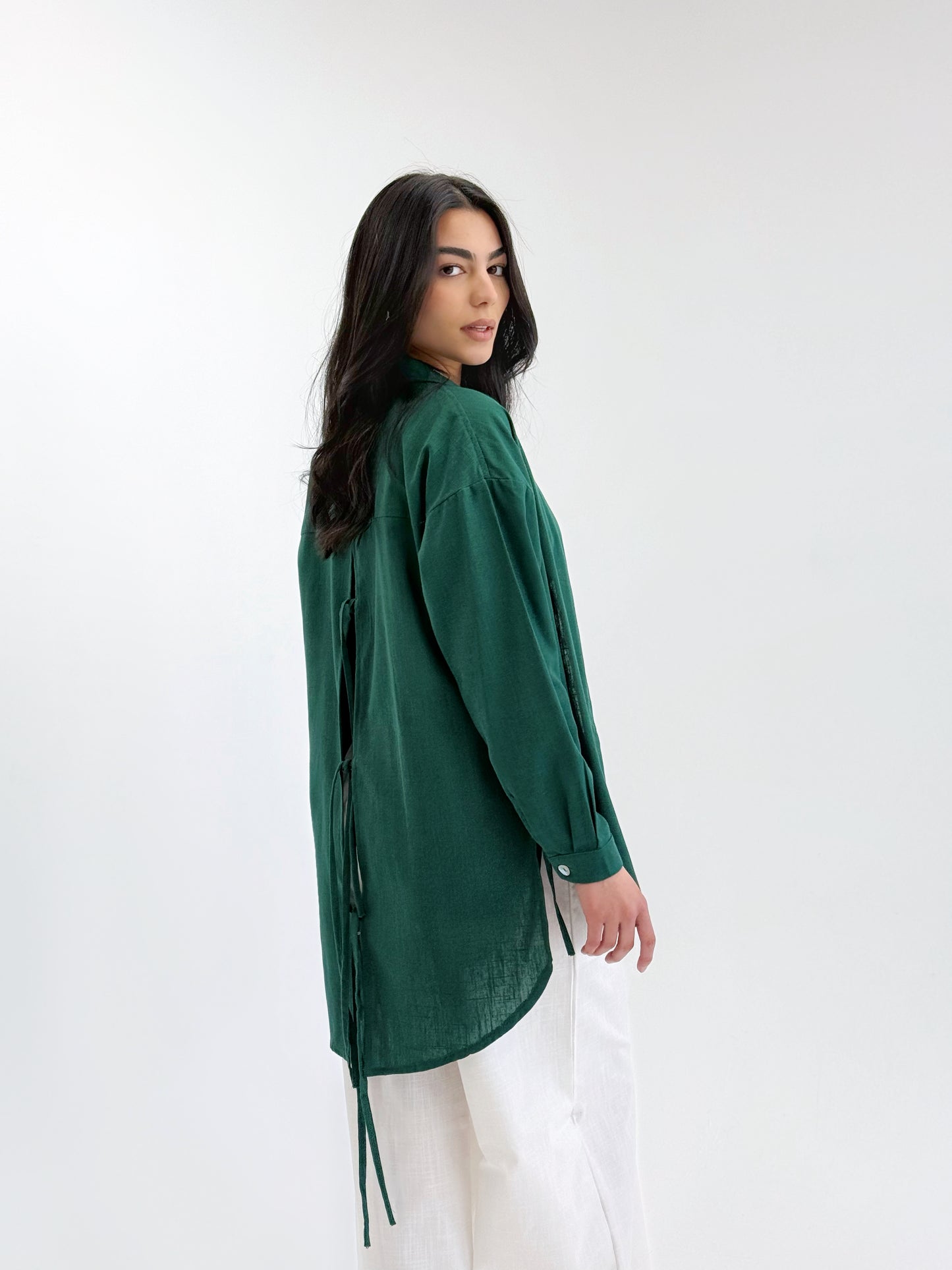 Linen Bow Back Shirt In Dark Green