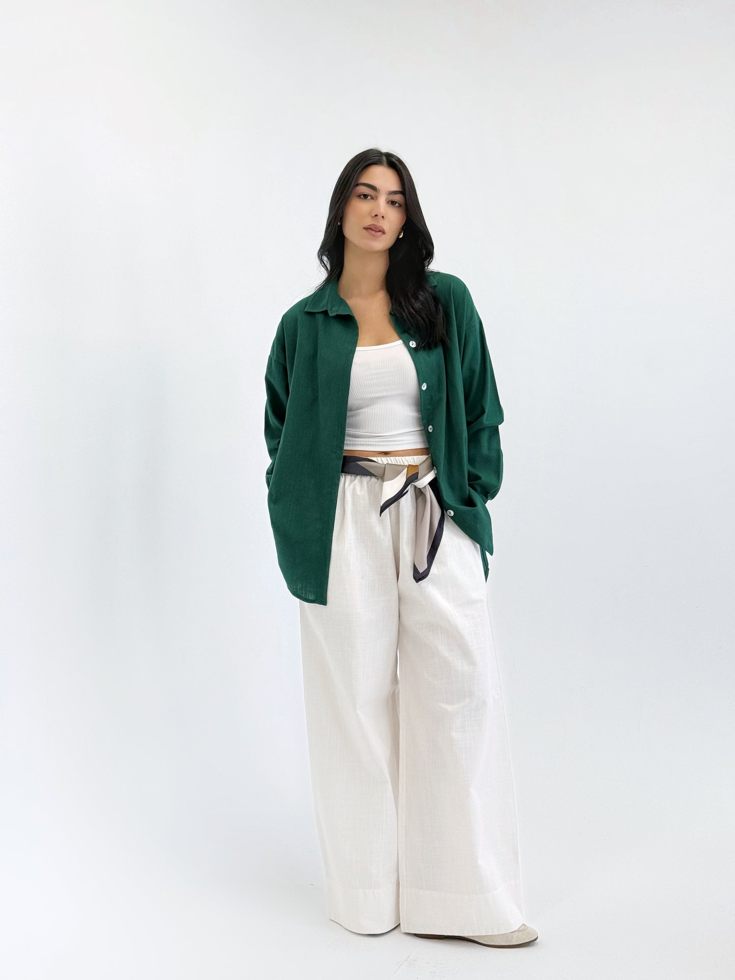 Linen Bow Back Shirt In Dark Green
