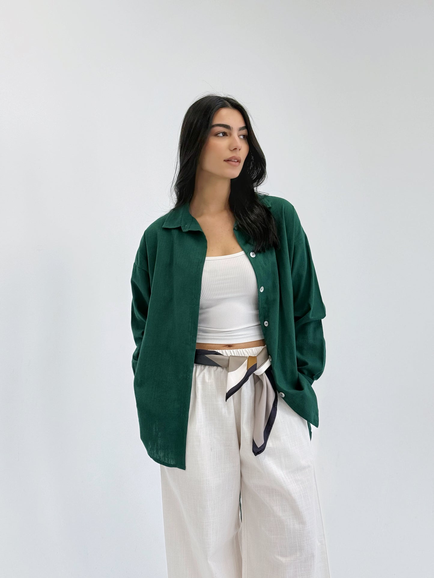 Linen Bow Back Shirt In Dark Green