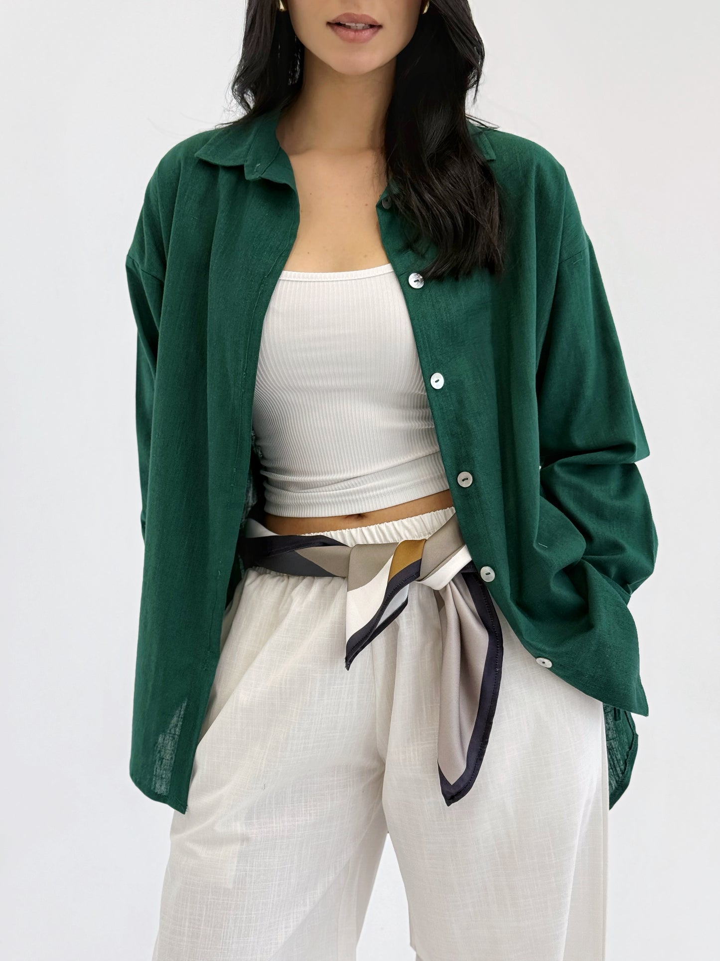 Linen Bow Back Shirt In Dark Green